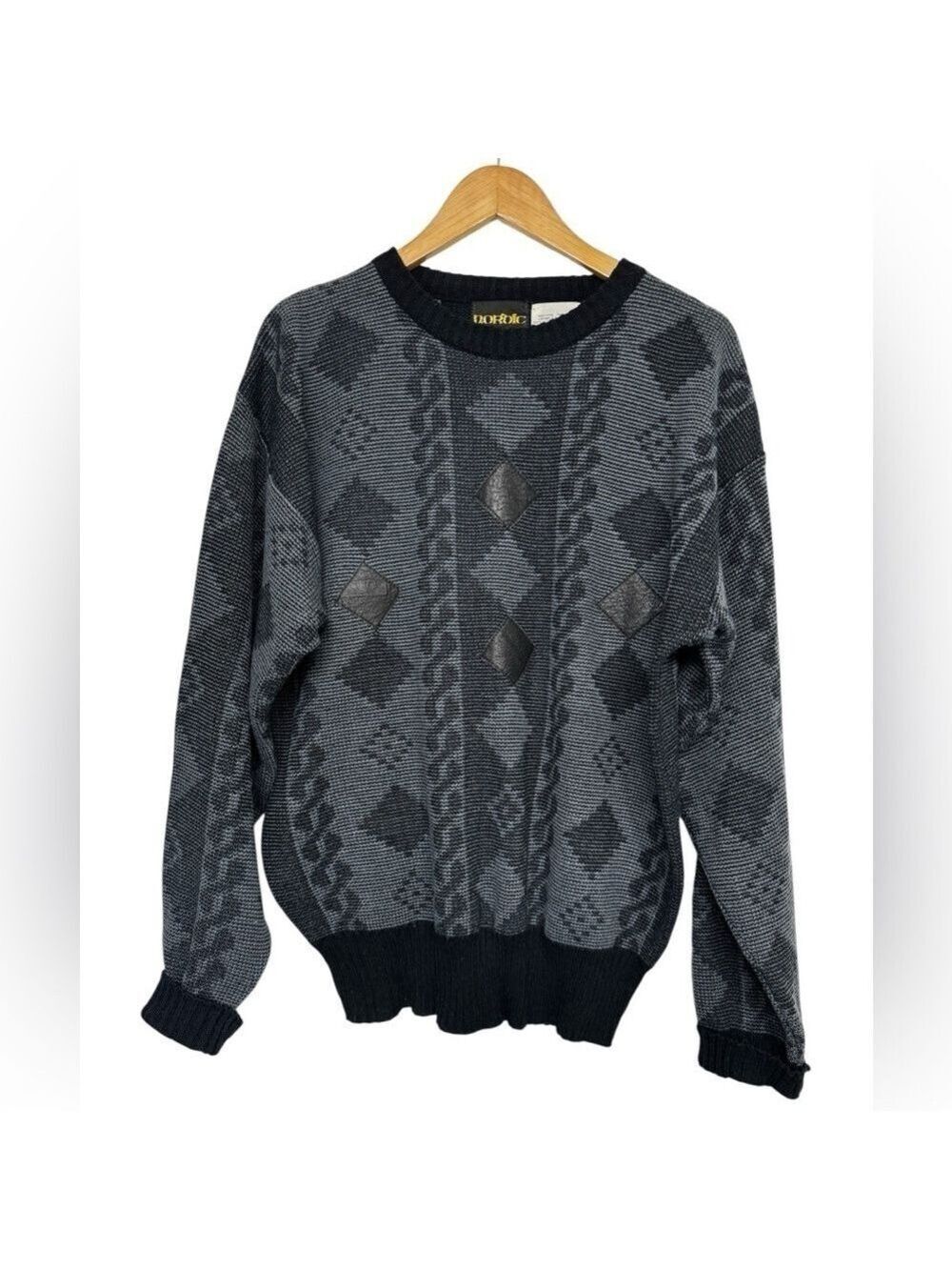 Vintage Nordic Sweater Geometric Knit Black Gray XL